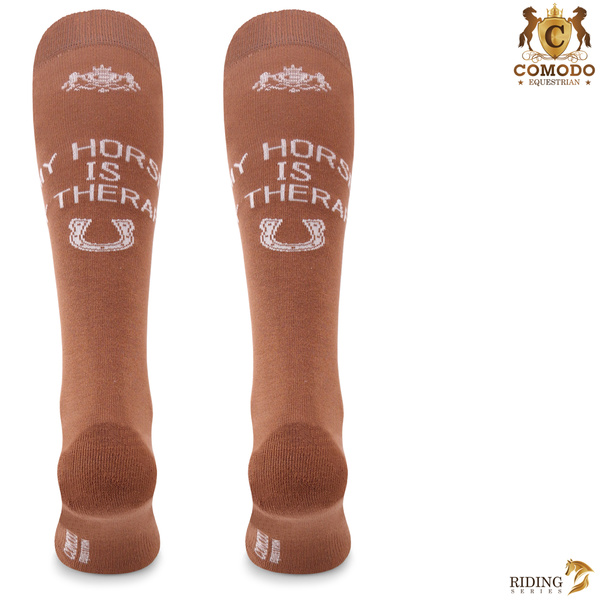 Podkolanówki jeździeckie SPDH - jasno brązowe - wzór "My horse is my therapy"