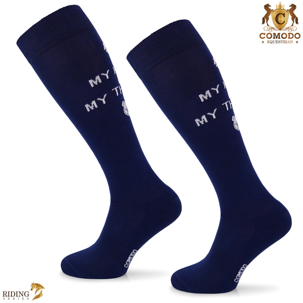 Podkolanówki jeździeckie SPDH - ciemnoniebieskie - wzór "My horse is my therapy"