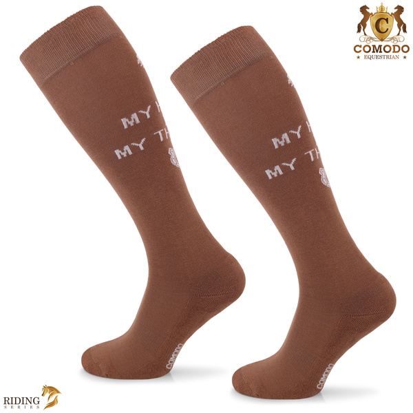 Podkolanówki jeździeckie SPDH - jasno brązowe - wzór "My horse is my therapy"
