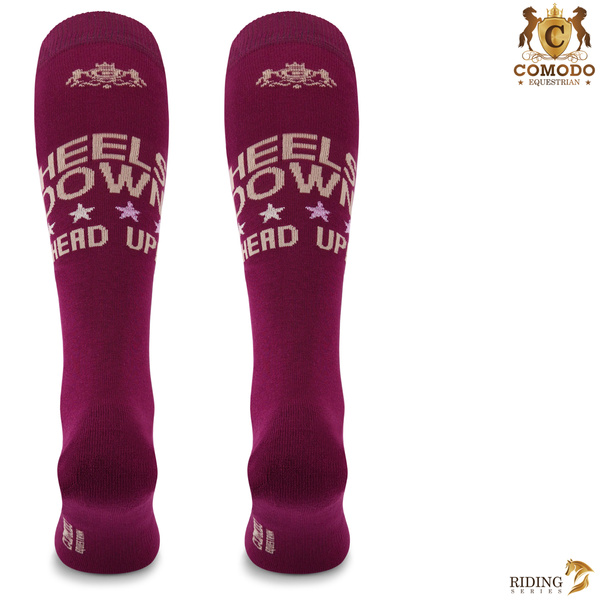 Podkolanówki jeździeckie SPDH - wiśniowe - wzór "Heels Down"