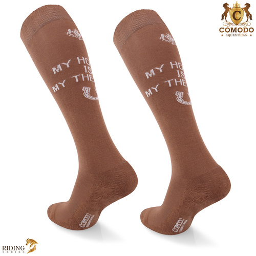 Podkolanówki jeździeckie SPDH - jasno brązowe - wzór "My horse is my therapy"