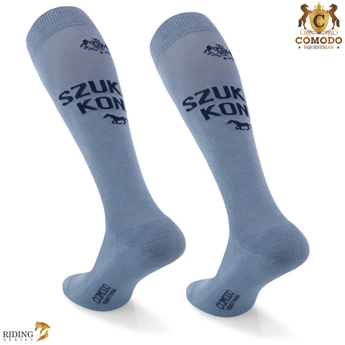 Podkolanówki jeździeckie SPDH - jasnoniebieskie - wzór "Szukam konia"