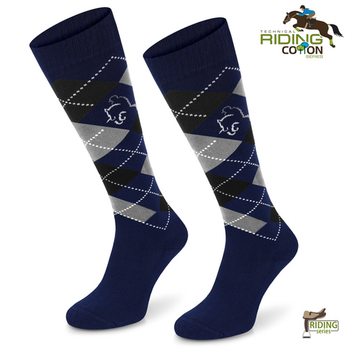Podkolanówki jeździeckie SPDJ – granatowe romby