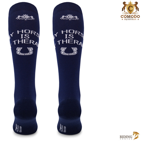 Podkolanówki jeździeckie SPDH - ciemnoniebieskie - wzór "My horse is my therapy"