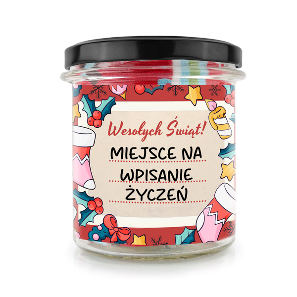 Świąteczne skarpety w słoiku etykietą na Twoje życzenia wzór PREZENTY