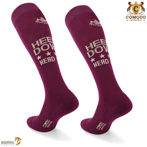 Podkolanówki jeździeckie SPDH - wiśniowe - wzór "Heels Down"