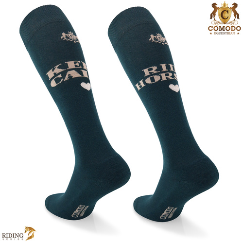 Podkolanówki jeździeckie SPDH - ciemnozielone - wzór "Keep calm"