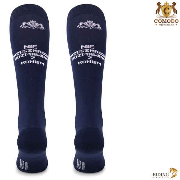 Podkolanówki jeździeckie SPDH - ciemnoniebieskie - wzór "Rozmawiam z koniem"