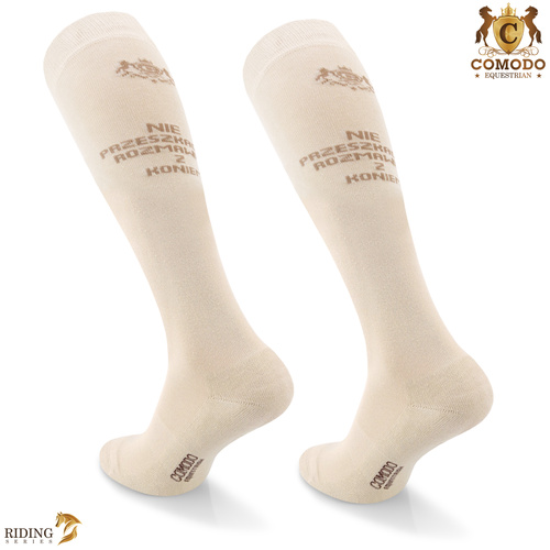 Podkolanówki jeździeckie SPDH - beżowe - wzór "Rozmawiam z koniem"