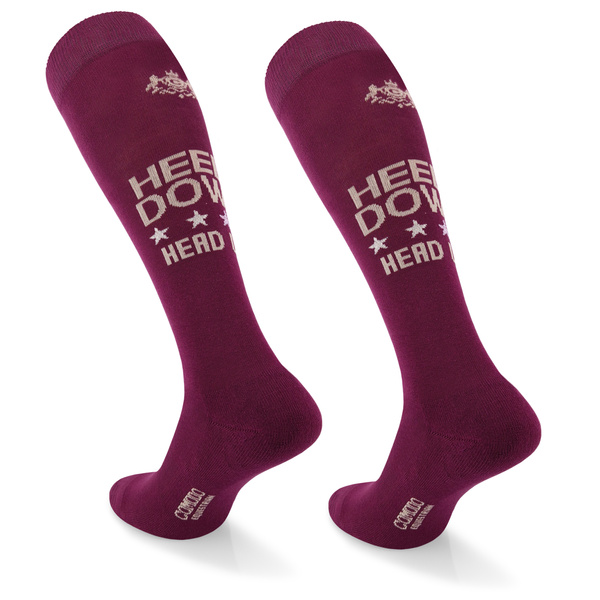 Podkolanówki jeździeckie SPDH - wiśniowe - wzór "Heels Down"