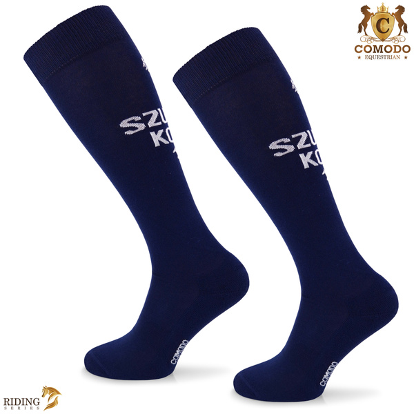 Podkolanówki jeździeckie SPDH - ciemnoniebieskie - wzór "Szukam konia"