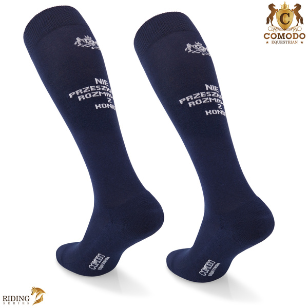 Podkolanówki jeździeckie SPDH - ciemnoniebieskie - wzór "Rozmawiam z koniem"