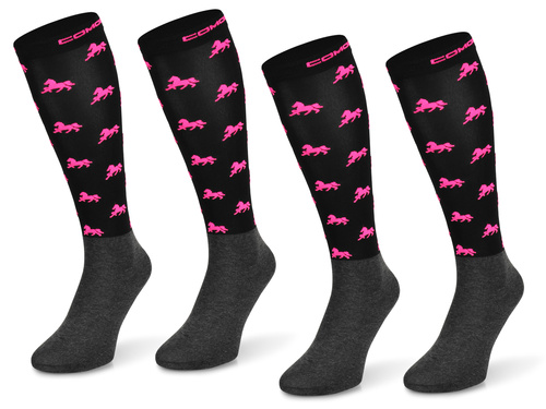 Zestaw podkolanówek jeździeckich SPJM – czarne w różowe konie / 2 PAK