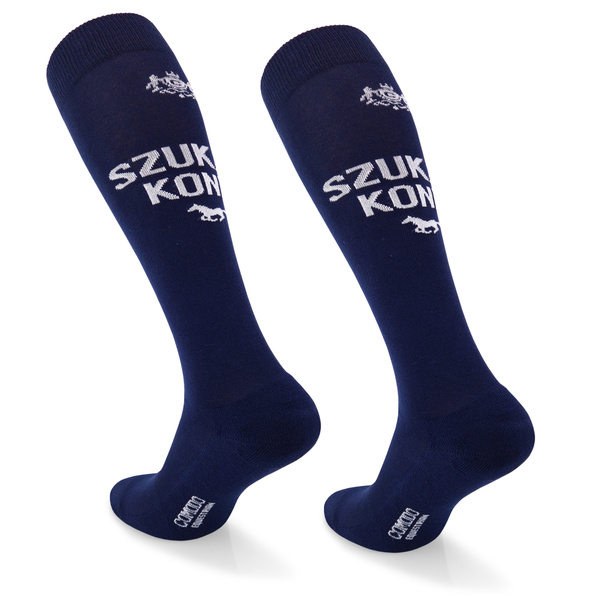 Podkolanówki jeździeckie SPDH - ciemnoniebieskie - wzór "Szukam konia"